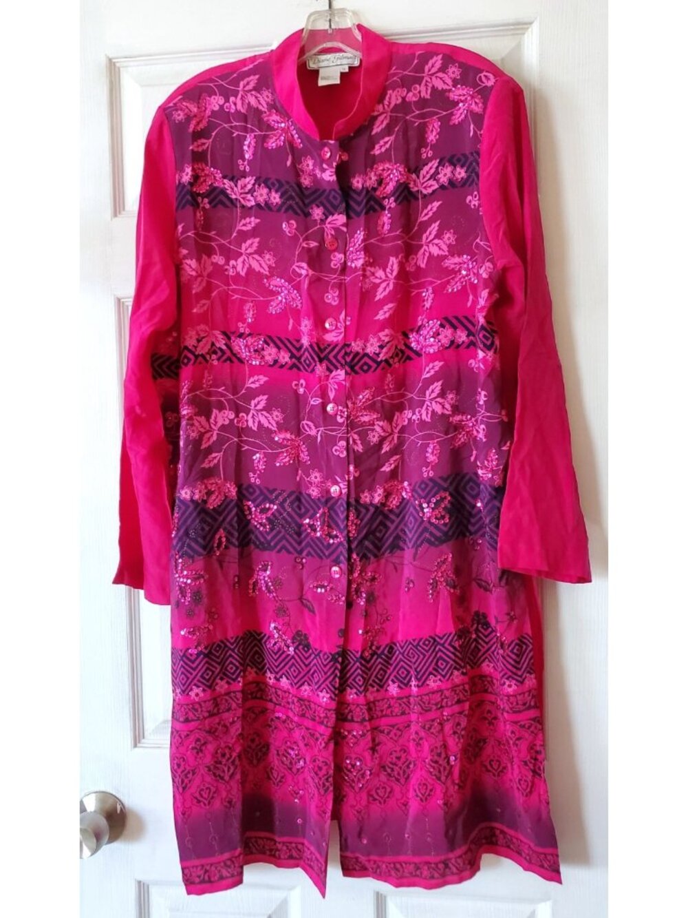 VINTAGE DIANE GILMAN LONG TUNIC DRESS ROBE SILK SEQUIN FUCSIA PURPLE 1X NWOT